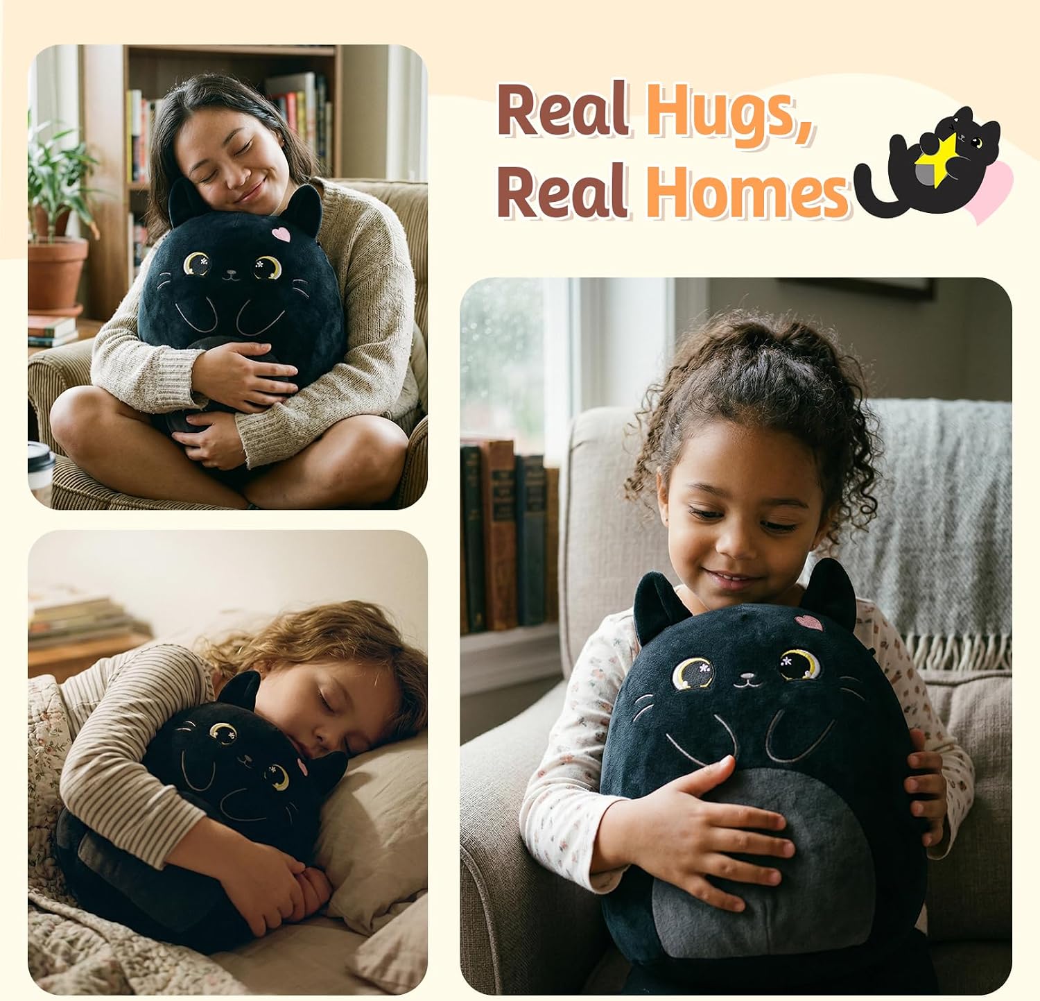 PEACH CAT Original Black Cat Stuffed Animal 12" Cute Kitten Plushies Soft Plush Toys Gifts for Kids