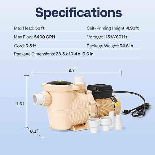 Miniatura 7 de VIVOHOME Bomba de piscina de velocidad variable de 1.5 HP 115 V, ahorro de energía autocebante, entrada de 1.5 pulgadas y 2 pulgadas con cesta