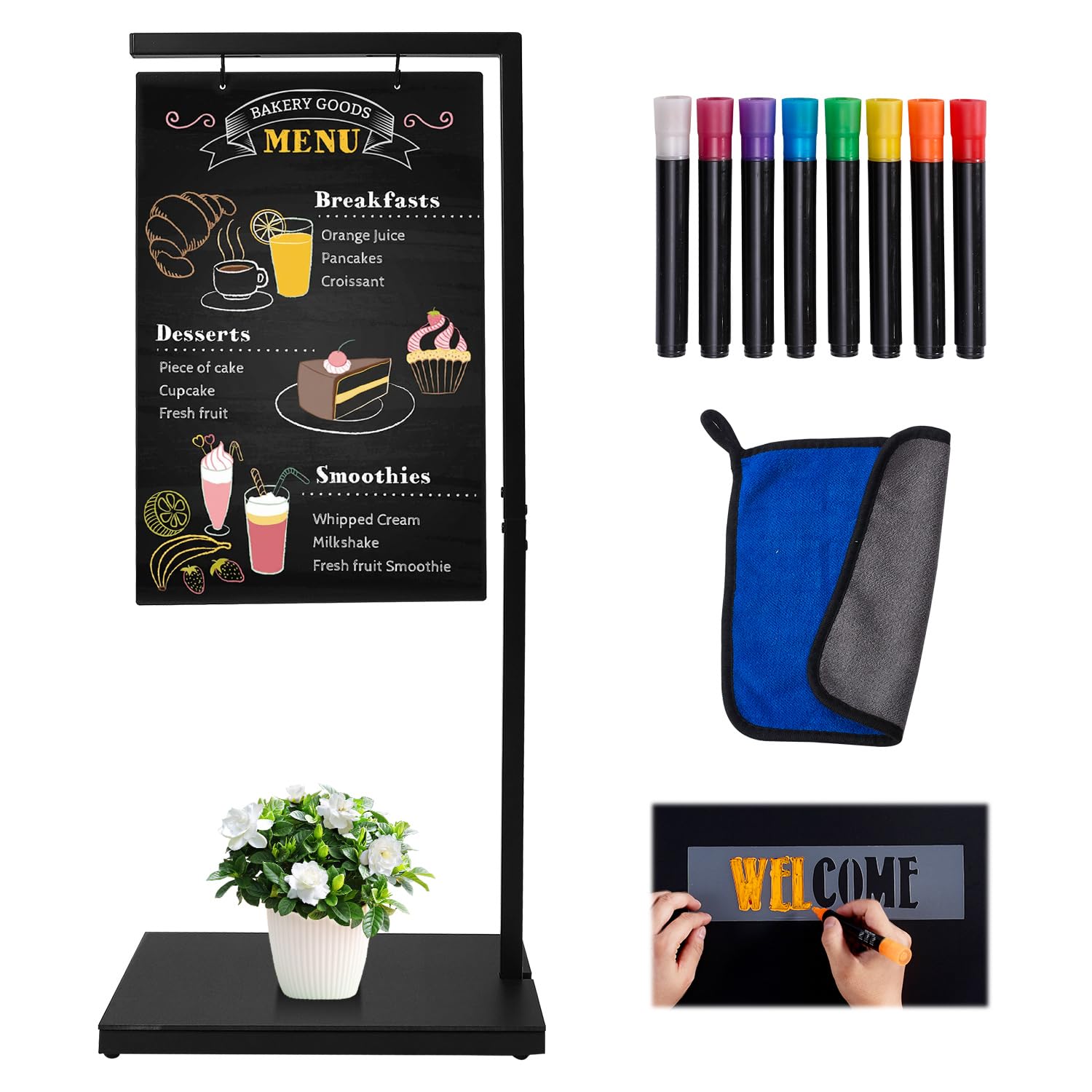 Large Chalkboard Signs with Stand, 43 x 19 Inch Hanging Metal Easel Chalkboard with Base, Double-Sided Outdoor Sidewalk Chalk Board Sign for Business,