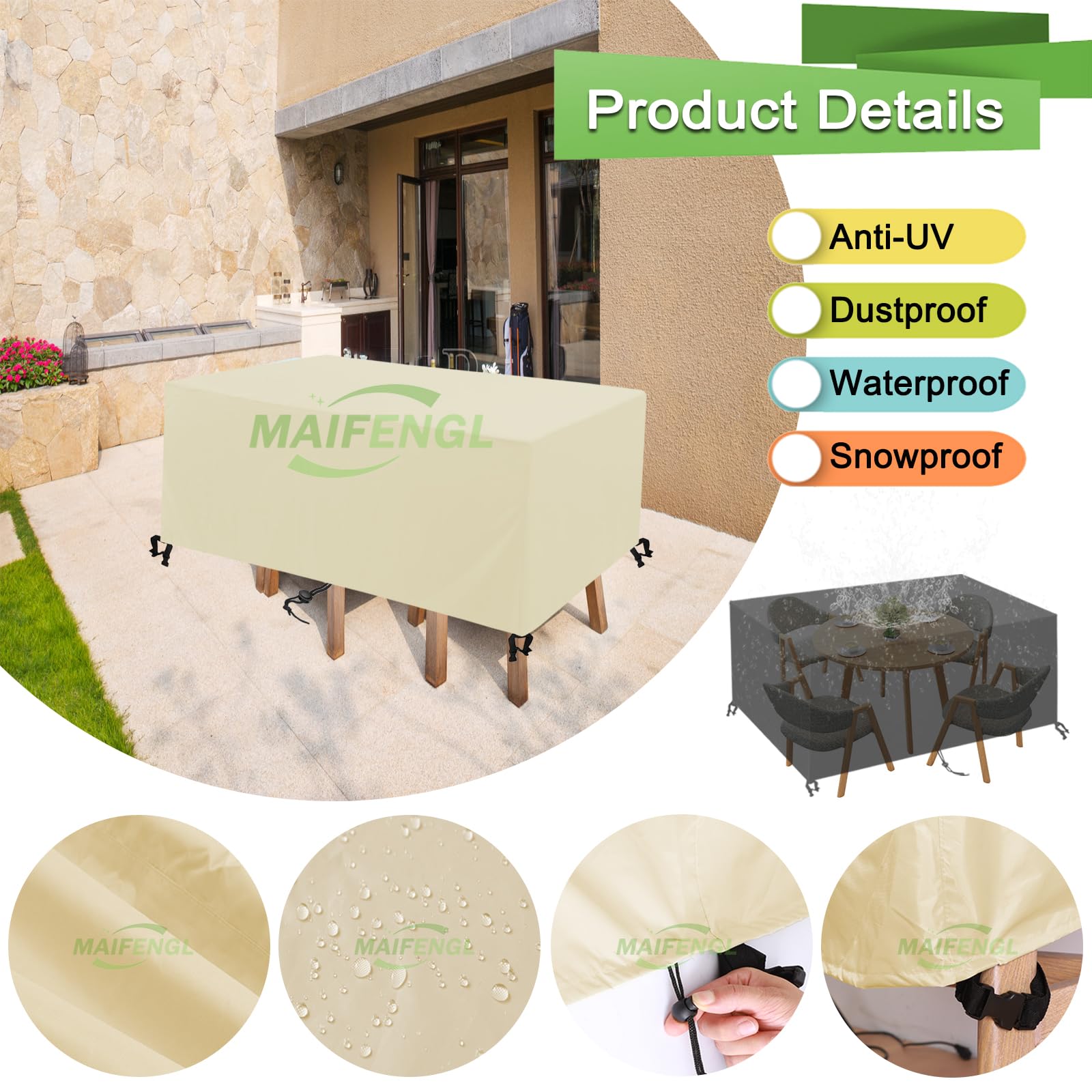 Housse Salon de Jardin, Housse Table de Jardin Exterieur, Bâche Salon de Jardin Imperméable 420D Tissu Oxford Couverture de Protection Meubles-Beige|| 180x90x75cm/71x35x30in