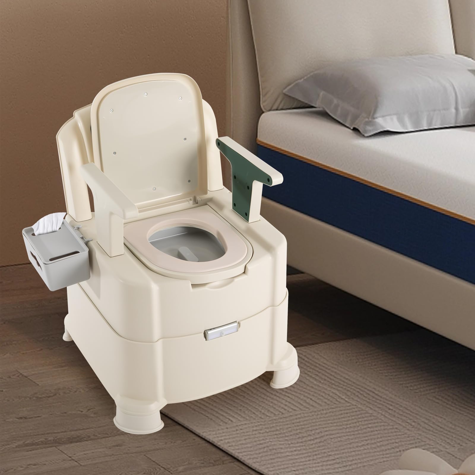 Bedside Commode, Portable Bedside Commode Toilet Chair with Sensor Night Light, Extra Wide TPE Home Portable Toilet with Armrests for The Elderly and The Sick 220 Load Capacity, with Garbage Bags