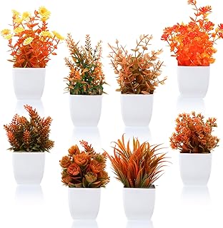 Lyrow 8 Pcs Fall Fake Plants Artificial Potted with 2-Size Orange Faux F...