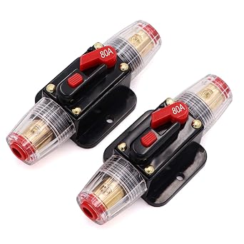 80A Audio Inline Circuit Breaker Reset Fuse PowMr Reset Fuse Holder 80 amp with Manual Reset for 12V-24V DC Car Audio, Stereo Switch and Solar Inverter System 2 Pack
