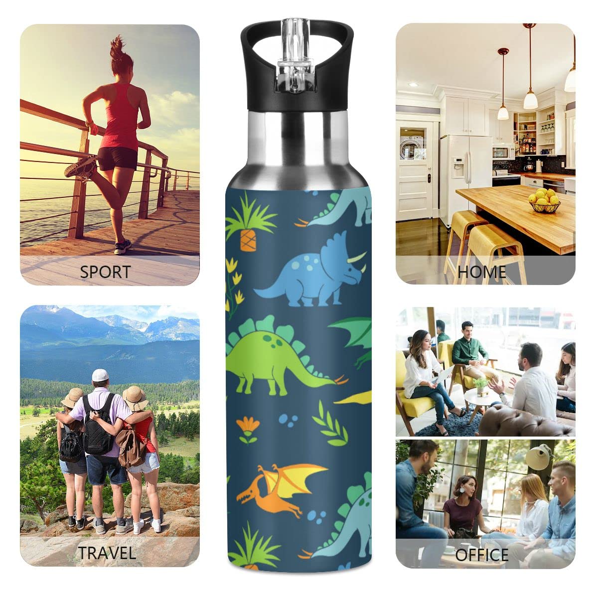 Edelstahl Wasserflasche mit Strohhalm, Dinosaurier isolierte Trinkflasche Sport Wasserflasche für Kinder Erwachsene, auslaufsicher, 1L