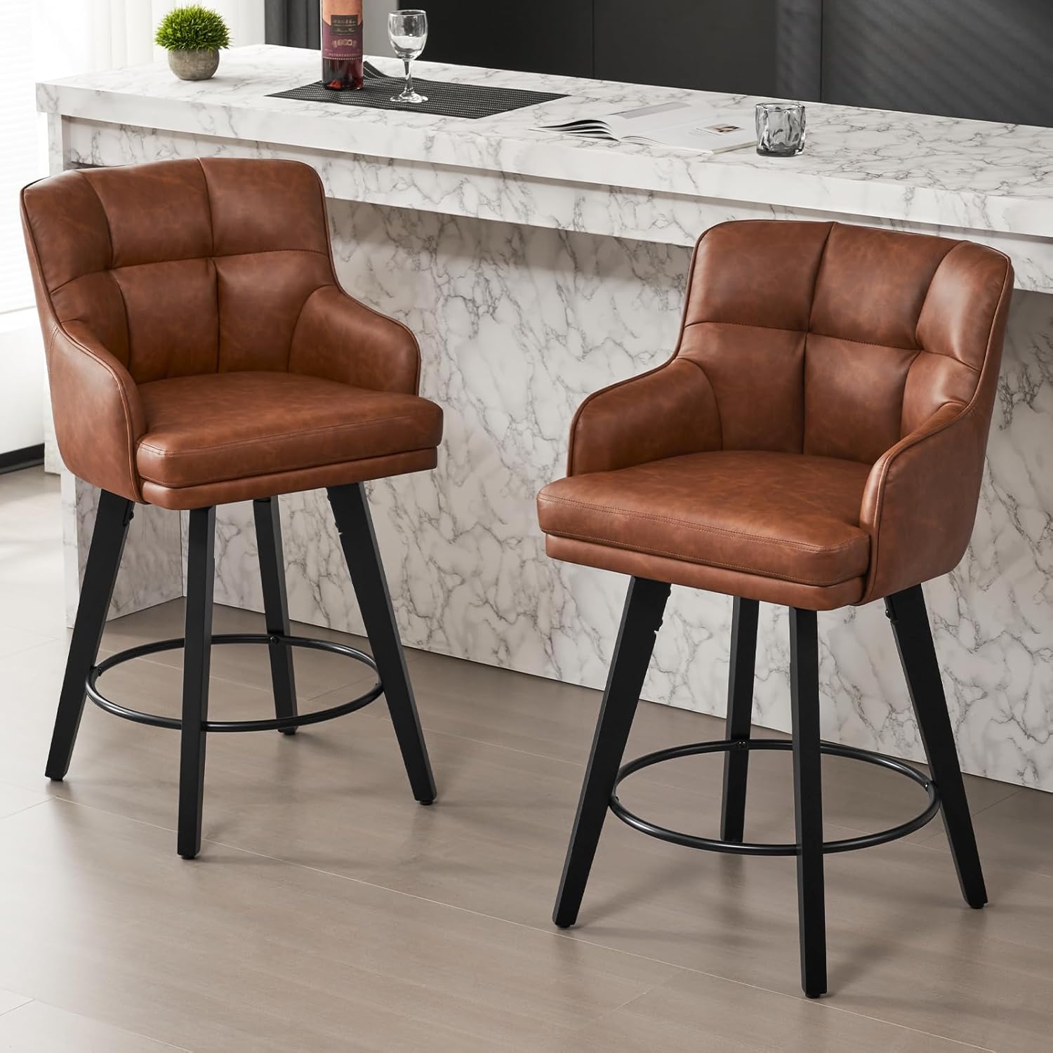 360°Swivel Counter Height Bar Stools with Back, 26 inch Solid Wood Legs, Bar Stool Modern Kitchen Island Chairs, Faux Leather (Brown- Faux Leather, 26" H- Set of 2)