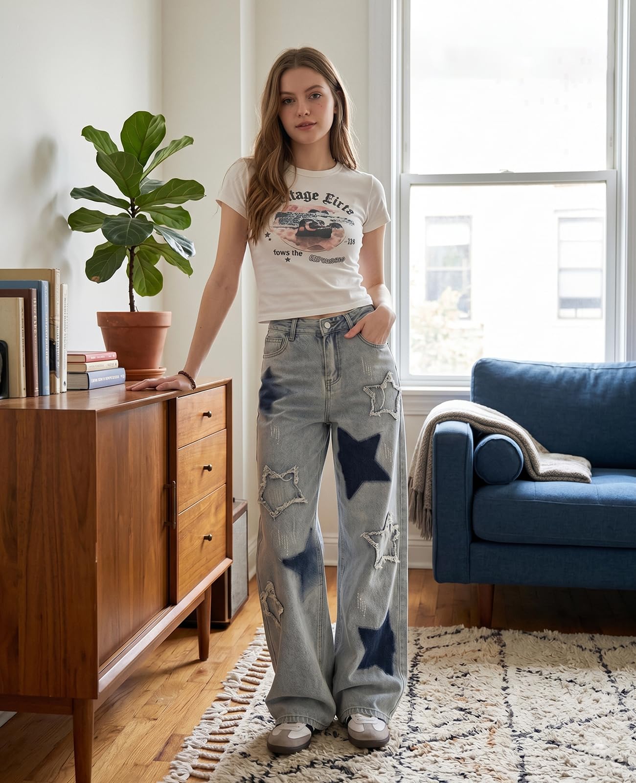 Süße Jeans für Damen und Mädchen, Sternen-Patchwork-Hose, hohe Taille, gerades Bein, legere Kleidung