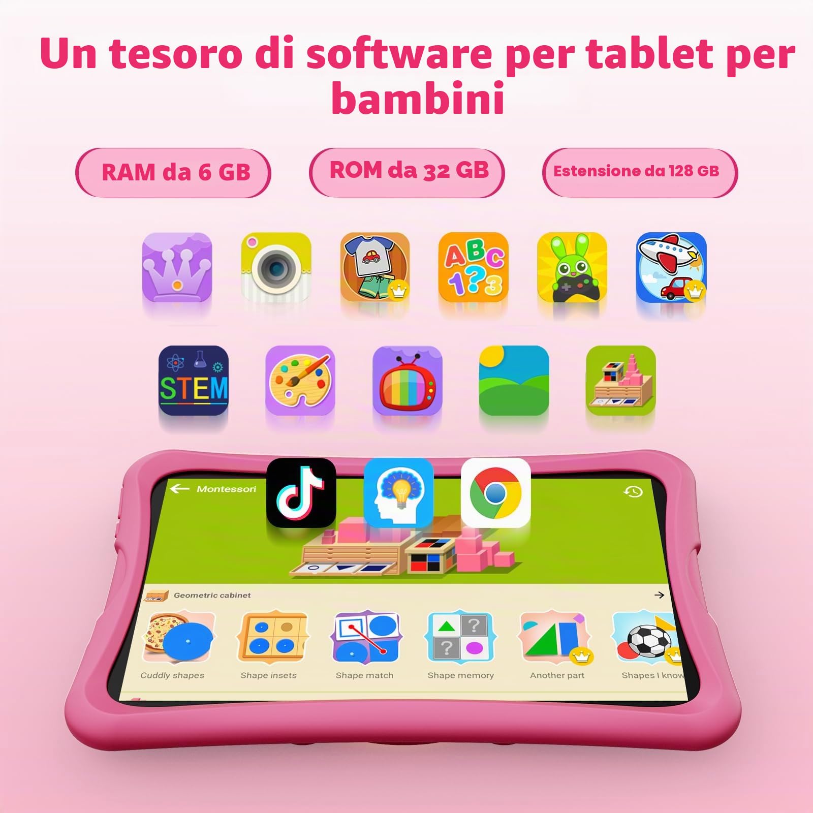 DigiLand Android 15 Tablet Bambini 10,1 Pollici,6GB RAM + 32GB ROM (espandibile), Controllo Parentale, App Bambini Preinstallate, Doppia Fotocamera, con Custodia Protettiva (10 Pollici Rosa 32GB)