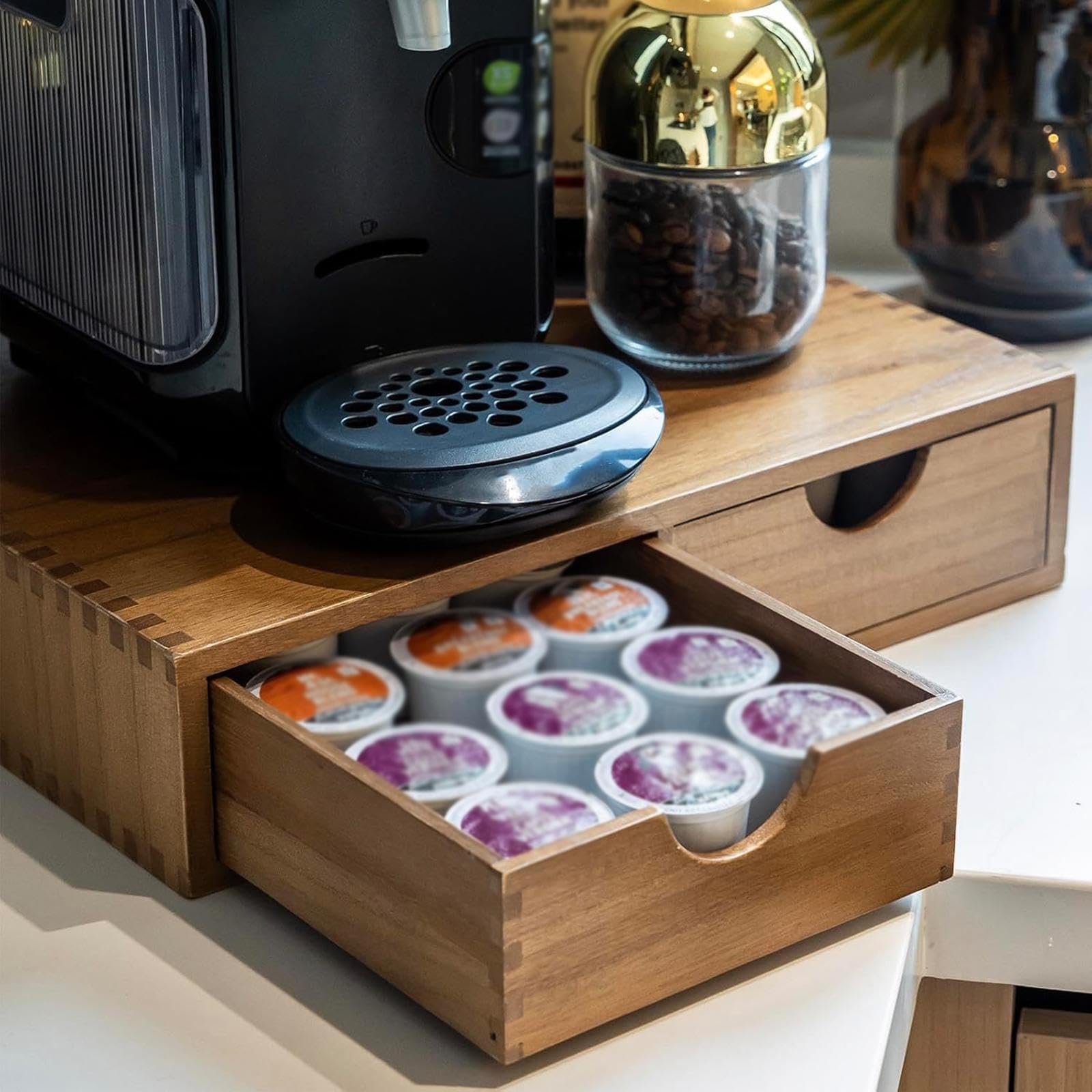 Drewniany uchwyt na kapsułki do kawy z szufladą do kuchni i baru, stylowe rozwiązanie do przechowywania kapsułek Nespresso, kompatybilne kapsułki do kawy, oszczędność miejsca
