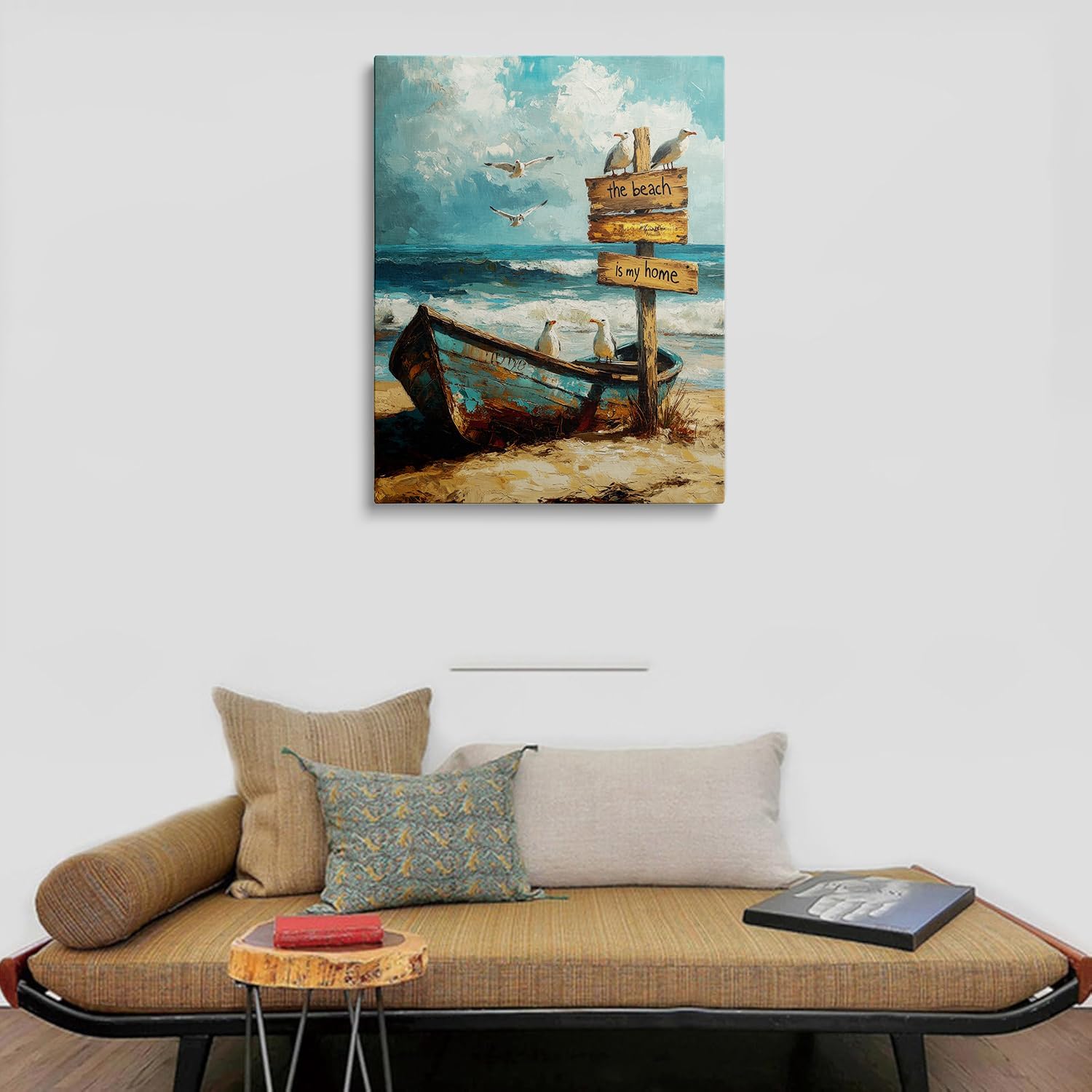 Coastal Beach Rowboat Canvas Wall Art Framed Painting The Beach is My Home Sign Seagulls Turquoise Waves Wall Decor Artwork Print Poster Nautical for Bathroom Office Decor 16x24 Inches