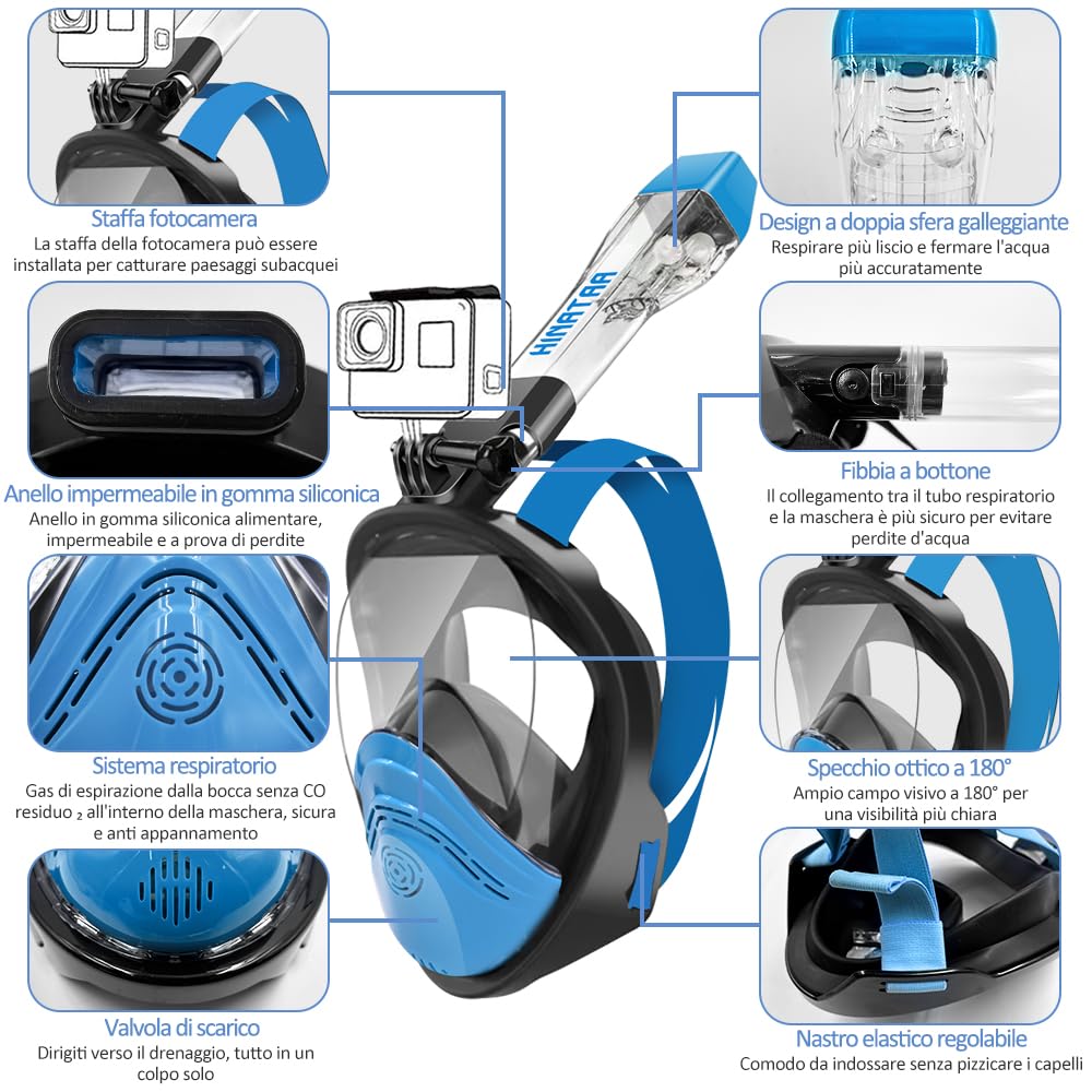 Maschera Subacquea,Doppia Palla Galleggiante Maschera Snorkeling,180° Anti-Nebbia Leak Proof Maschera Facciale Integrale Snorkeling,Fotocamere Compatibili Bambini,Adulti