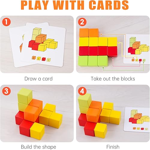 Miniatura 4 de Cubo de madera de juguete 16 piezas de bloques de construcción para niños, 40 tarjetas de patrón y bolsa de almacenamiento, 4 colores 3D juego de