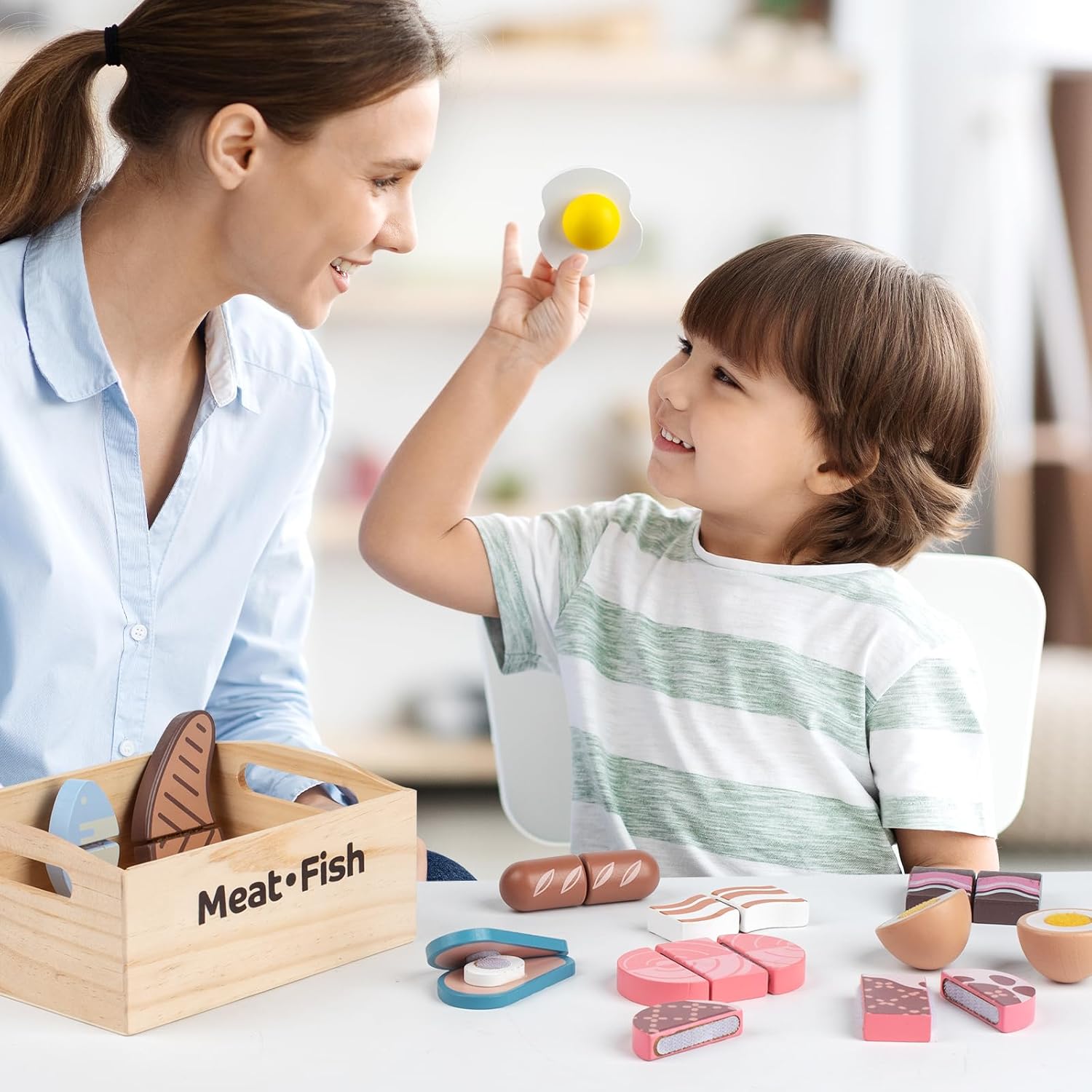 10 PCS Meat & Fish Wooden Play Food Set for Kids Kitchen, Wooden Toy Pretend Play Food Cutting Set, Realistic Protein Play Food Set, Christmas Birthday Present for Toddlers & Kids Ages 3+