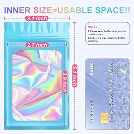 100 Pieces Smell Proof Mylar Resealable Bags, Holographic Packaging Bags, Resealable Odor Foil Pouch Zip Bag with Clear Window for Food Storage and Lipgloss, Jewelry Lash (Blue, 3.1 x 5.1 Inch)