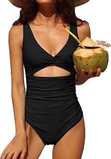 Womens One Piece Swimsuit Ruched Tummy Control High Cut Backless V Neck Bathing Suits Swimwear