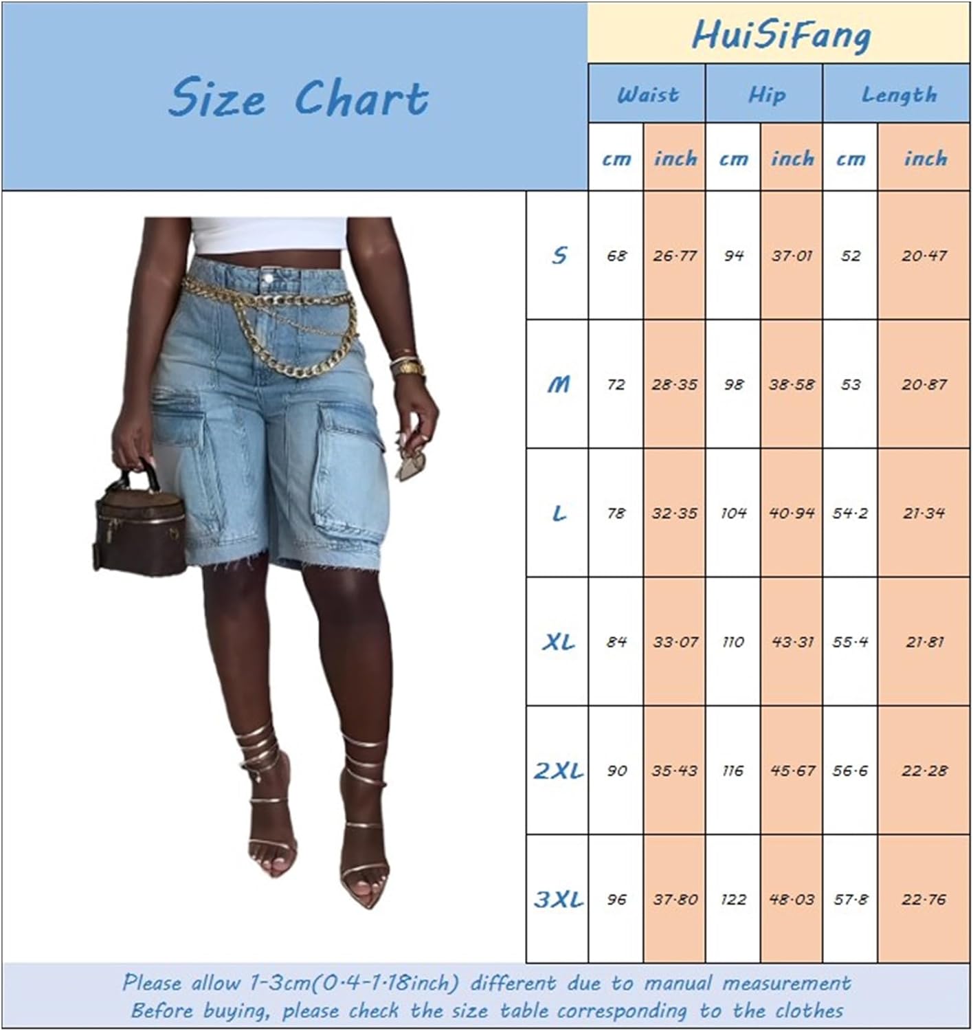 HuiSiFang Women's Cargo Denim Shorts Bermuda Knee Length Casual High Waisted Jean Shorts Streetwear