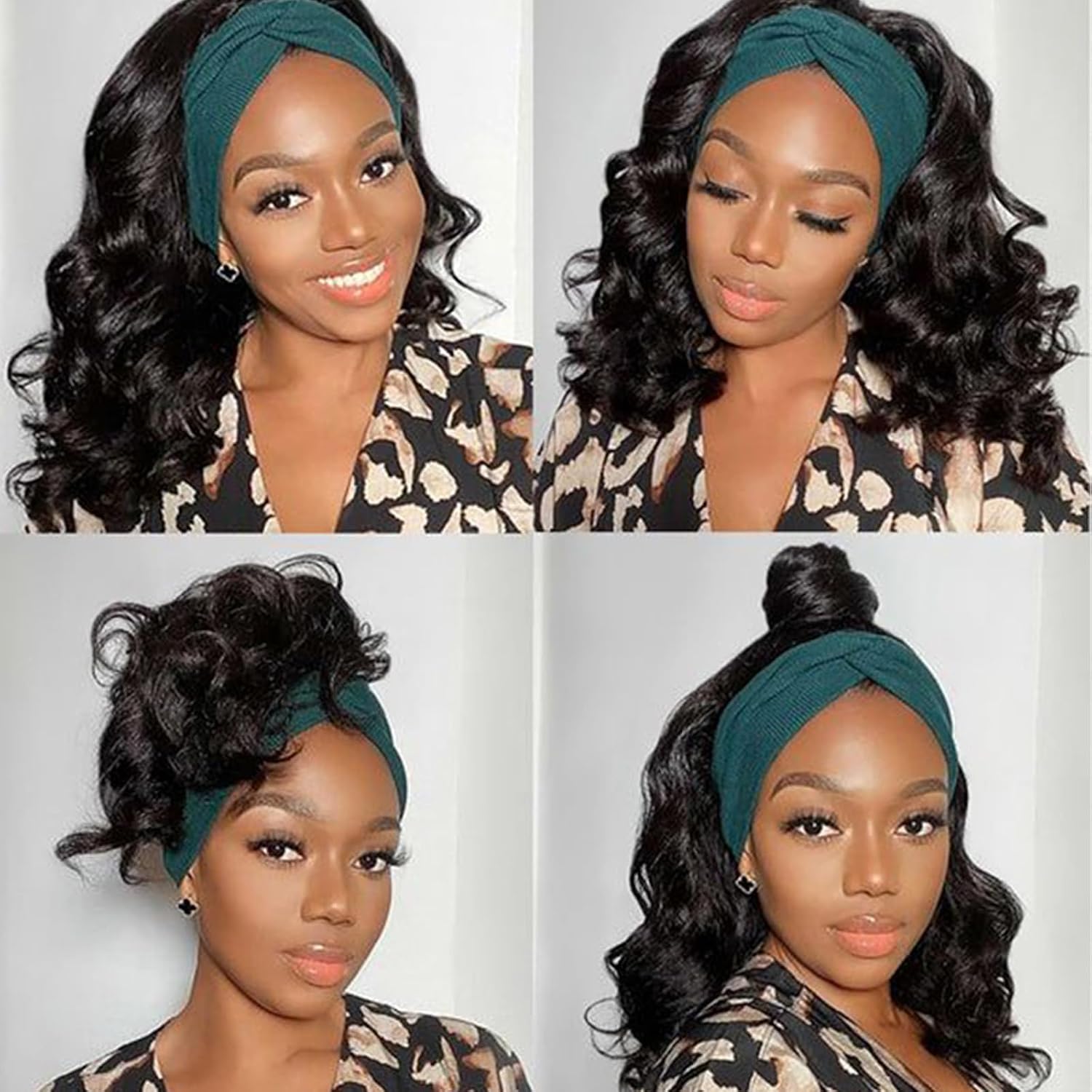 LEOSA Wavy Bob Headband Wigs with Headbands Attached Short Body Wave Headband Wig for Black Women Synthetic Loose Wavy Headband Wig Natural Black Half Bob Wig 14Inch