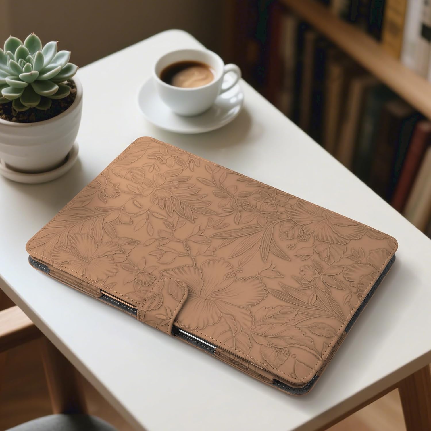 MOSISO Case Compatible with MacBook Air 13.6 inch M4 M3 M2 2025-2022 /Air 13 M1 2022-2018 /Pro 13 M2 M1 2025-2016, Embossed Retro Hibiscus PU Leather Portfolio Protective Stand Cover, Brown