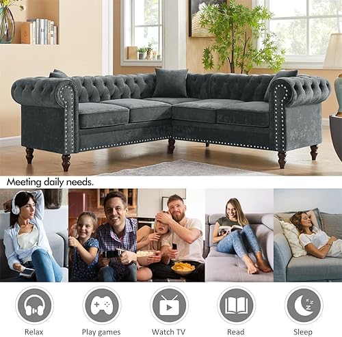 Miniatura 6 de LKTART Sofá Chesterfield clásico de lujo de 80 pulgadas en forma de L con botones y patas de madera maciza, 3 almohadas incluidas para sala de estar