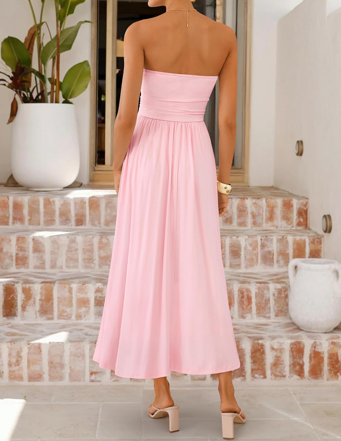 ZESICA Women's Summer Sleeveless Midi Dress 2026 Strapless Ruched A Line Flowy Wedding Guest Party Beach Long Dresses