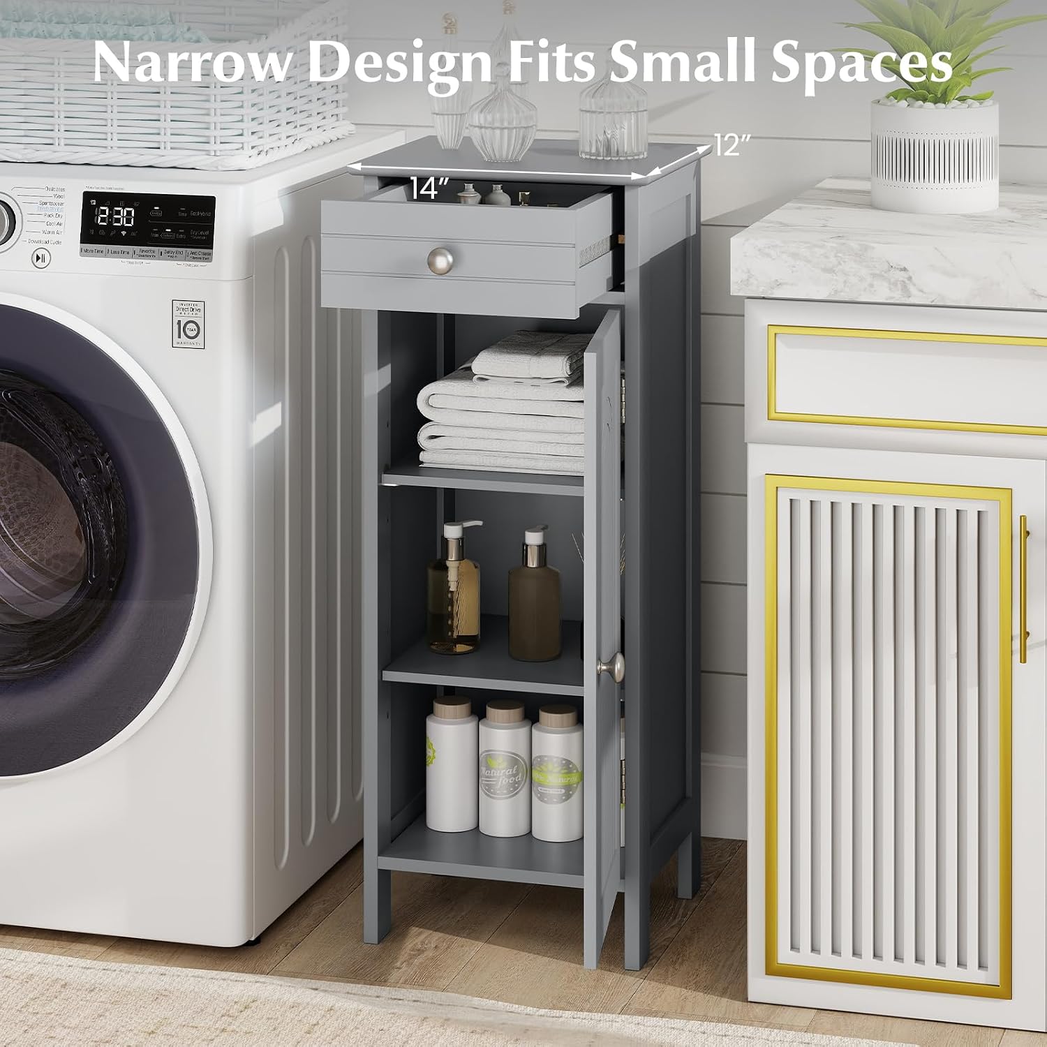 DORTALA Bathroom Floor Cabinet, Free-Standing Wooden Floor Storage Cabinet w/Large Drawer & 2 Adjustable Shelves, Morden Side Storage Bathroom Organizer Cabinet for Living Room, Grey