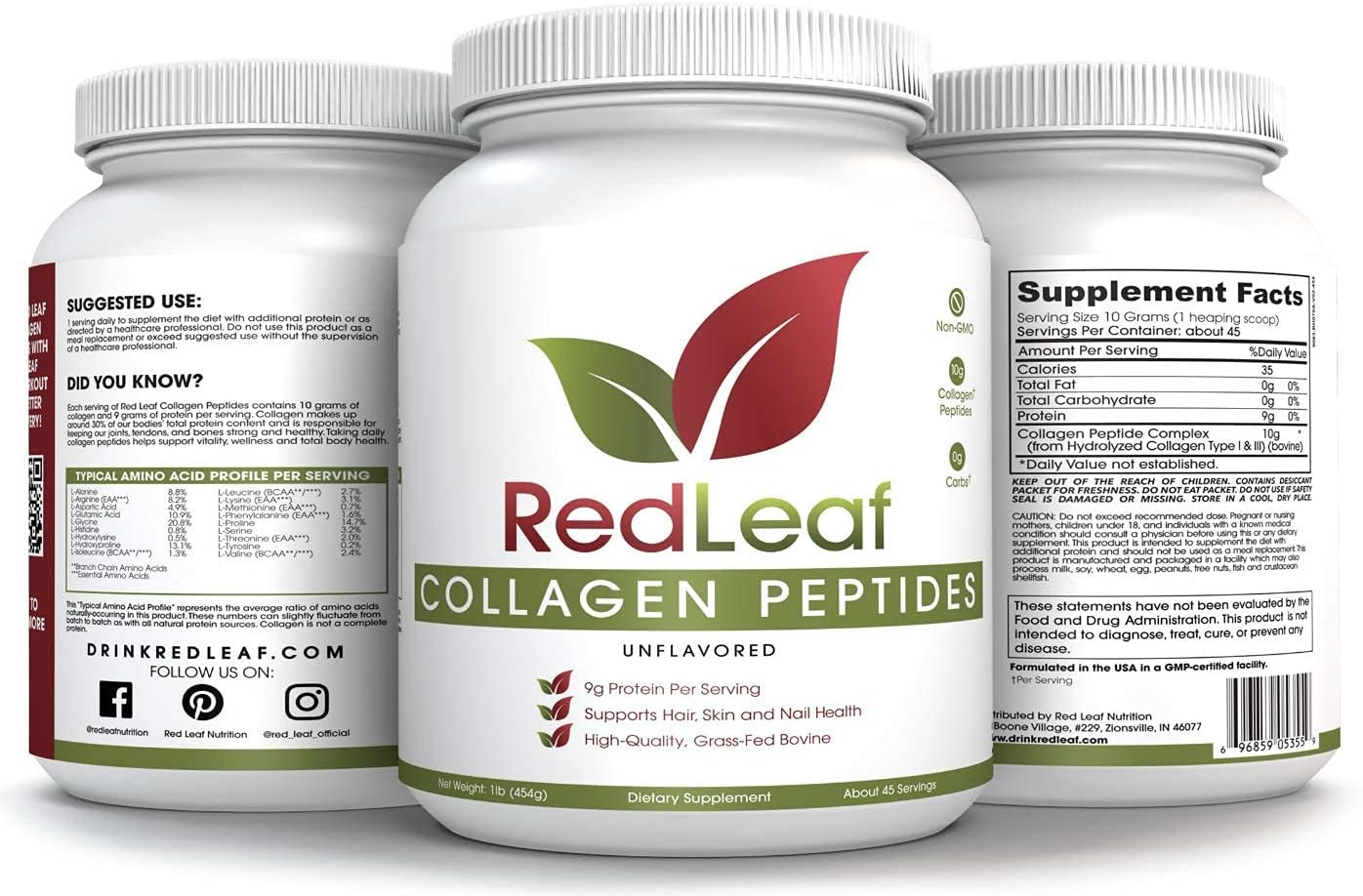 Red Leaf Collagen Peptides Powder Supplement- 45 Servings- Non-GMO, Pasture Raised, Grass Fed Bovine- 9 g Protein 10g Collagen Peptides- Healthy Hair, Skin, Nail and Joint Support, Unflavored