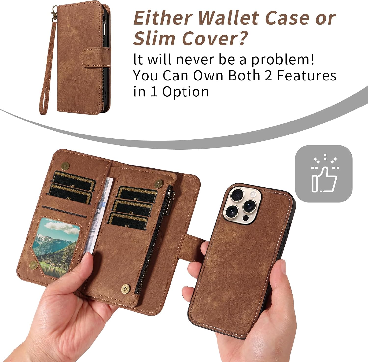 Asuwish Phone Case for iPhone 16 Pro 6.3 inch Zipper Wallet Detachable Magnetic Cover with Tempered Glass Screen Protector Crossbody Lanyard Strap Card Holder i Phone16 i16 16Pro Women Men Girls Brown