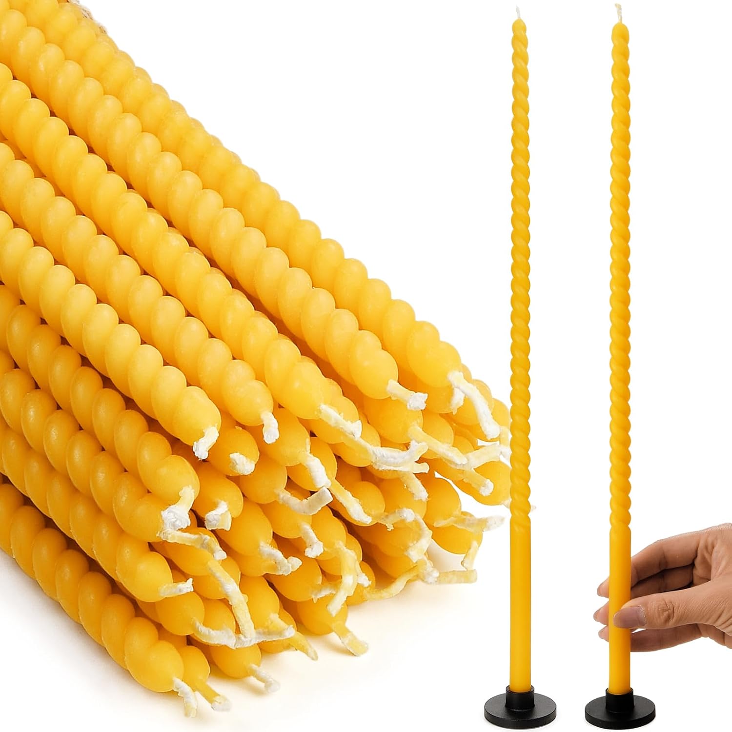 16 Pack 15-Inch Slim Beeswax Taper Candles（ 1/2 Inch ） with 2 Holders - Natural Drippless Spiral Thin Church Candle 0.5 inch Diameter, Yellow