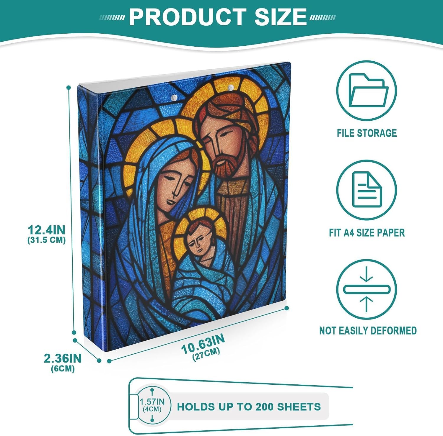 Blue Stained Glass Style Christian Binder 3 Ring 1.5 Inch Binder with Clipboard&Pockets, Hardcover Binders Heavy Duty Large File Folder for Office School Supplies - Holds 200 Sheets