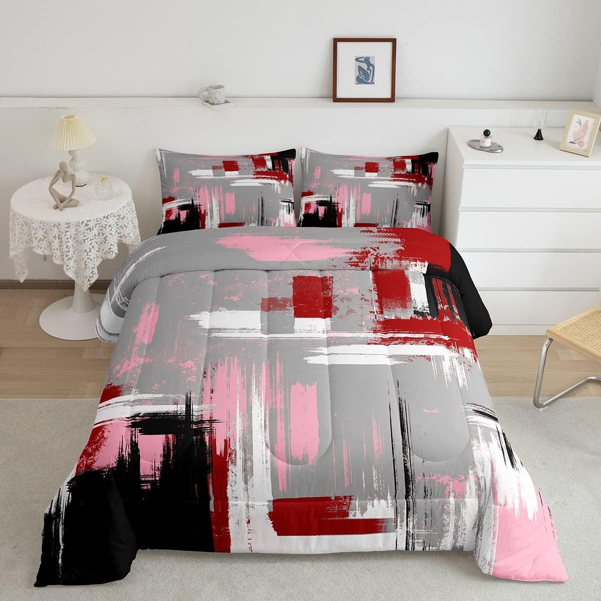 Feelyou Abstract Bedding Set Kids Modern Abstract Art Comforter Set Red Grey Pink Black Comforter for Boys Room Decor Lightweight Retro Duvet Set King Size with 2 Pillow Case Multi 25 King