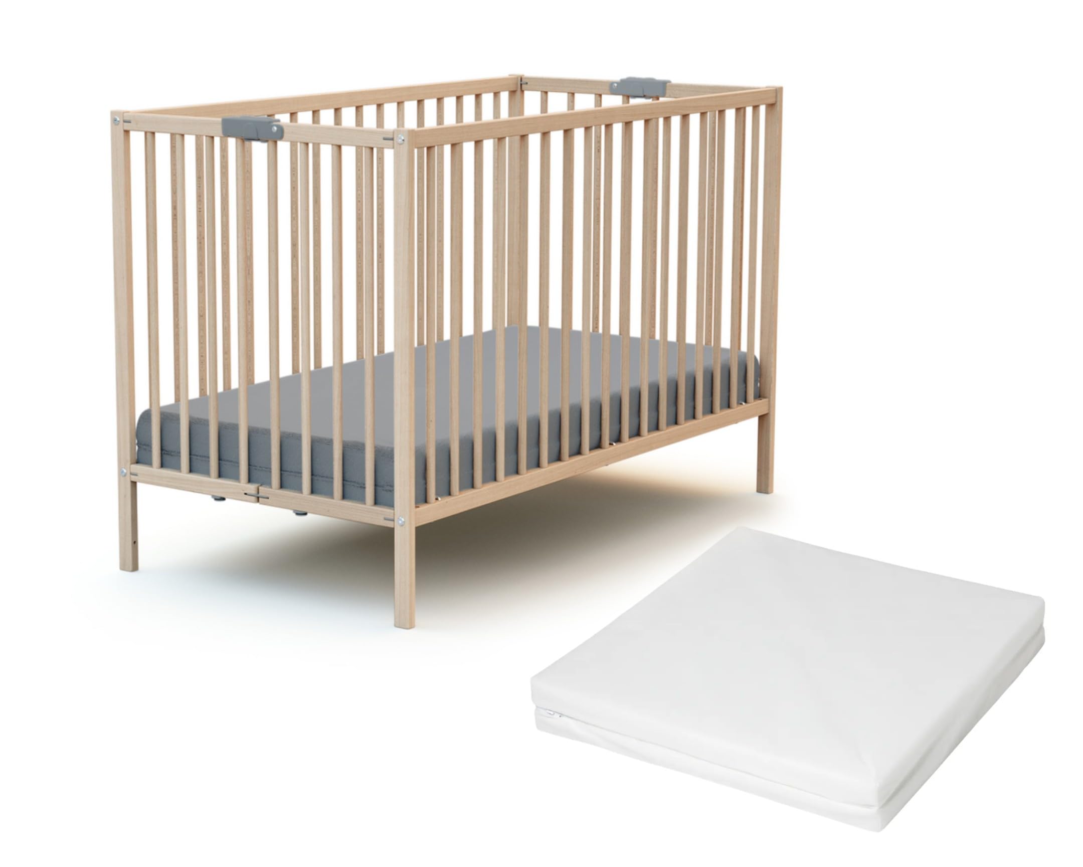 Webaby - Lettino bambini pieghevole con materasso legno FLEX - Faggio natural - 60 x 120-124 x 64.50 x 82 cm