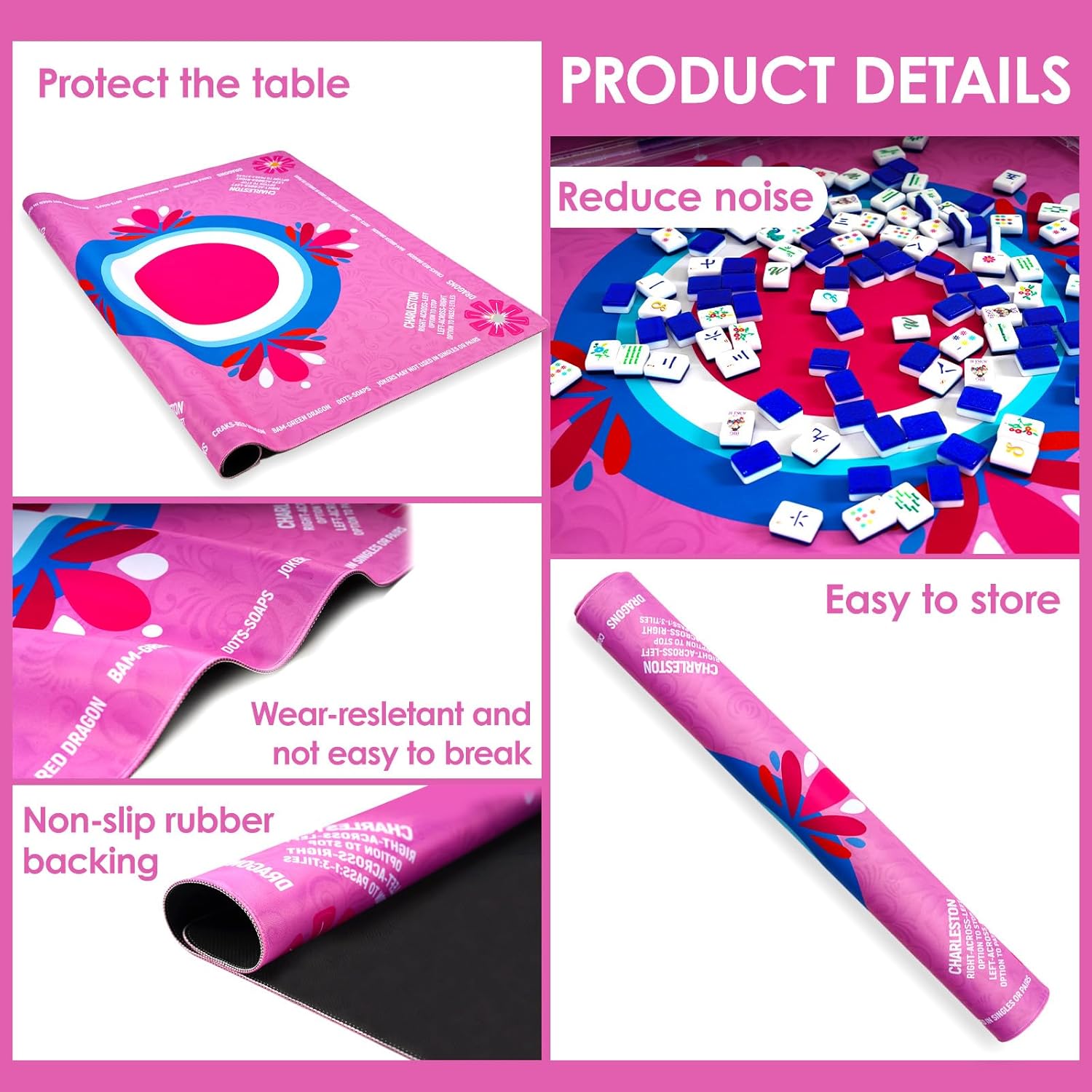 Doreimi Mahjong Mat with 4 Dices Premium Chinoiserie Noise Reduction Anti Slip Non-Slip Poker Table Mat for Board Games/Card Games/Dominoes, Dry Erase Grid, Holder, Pink 33.4"x33.4"