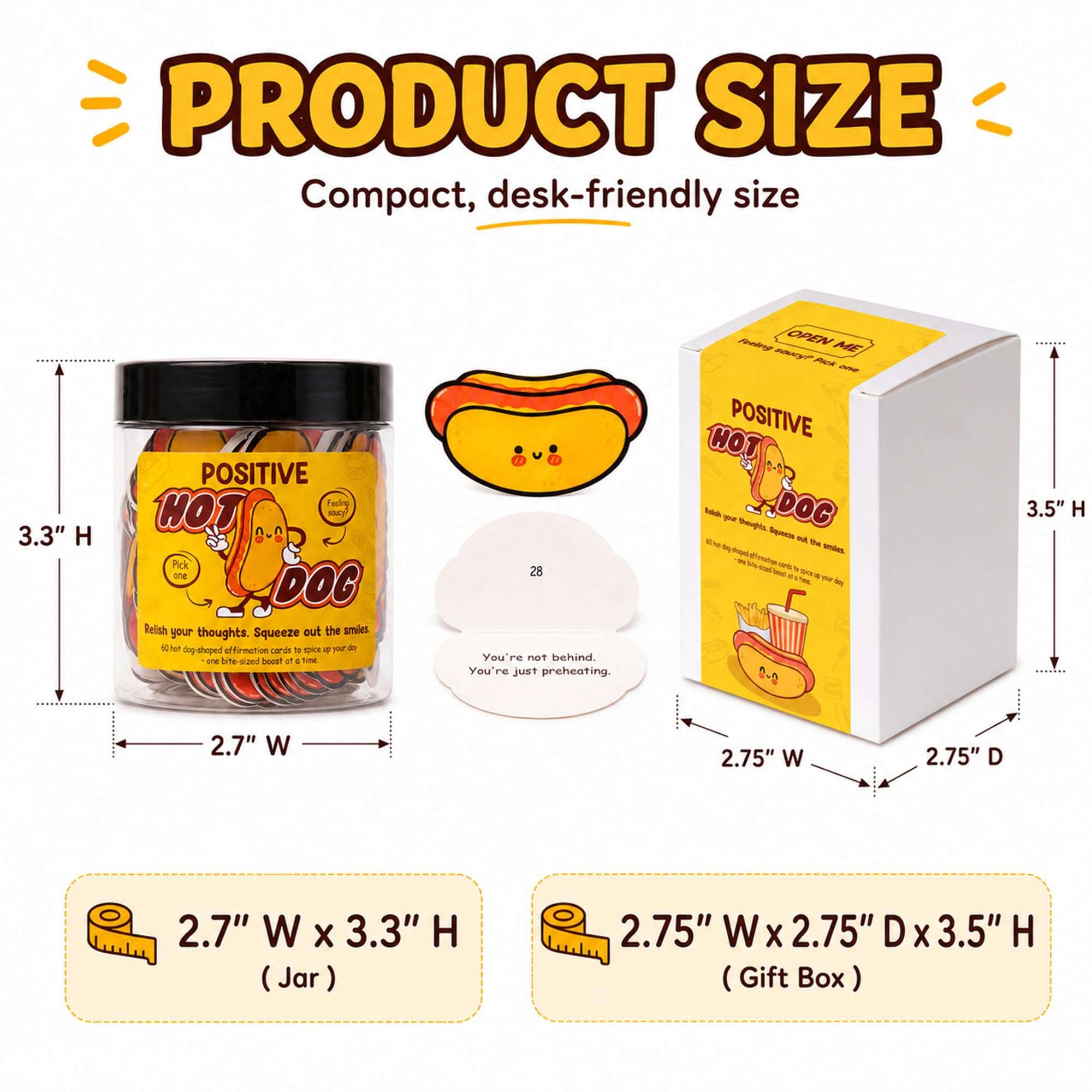 KATINAT Positive Hot Dog Jar, 60 Funny Affirmation Cards, Emotional Support Hot Dogs, Foodie Gifts for Friends, Teens, Funny Gifts for Women, Cowokers, Office, Hot Dog Decorations