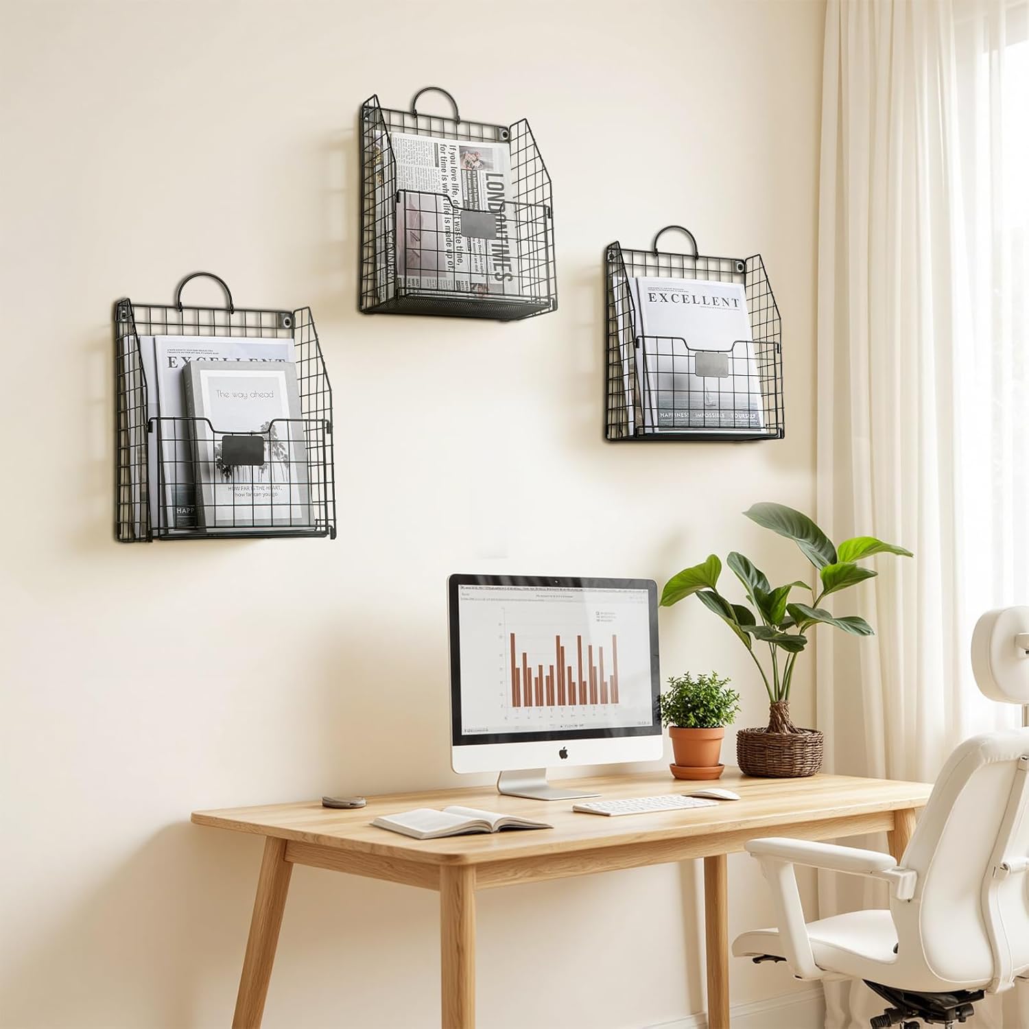 Wall Mounted Metal Magazine Rack, 3 Packs – Hanging Magazine & Book Organizer with Handle for Bedroom, Door, Dorm, Office & Entryway Black