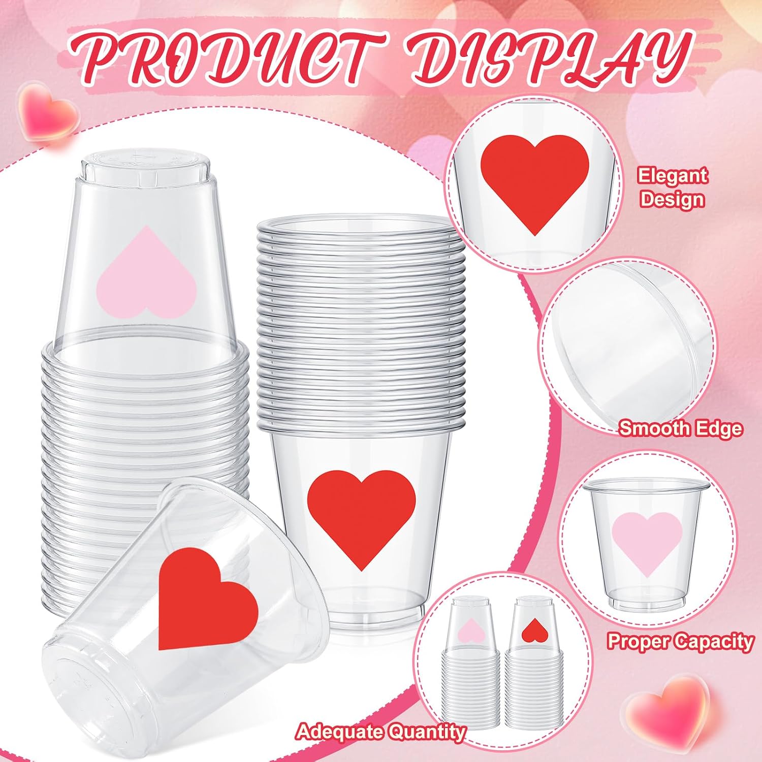 100 Pack 3 oz Pink Red Heart Mother's Day Plastic Shot Glasses Heart Shot Cups Bulk Clear Disposable Mini Tasting Cups for Spring Summer Wedding Whiskey Drinking Dessert Party Favors Supplies