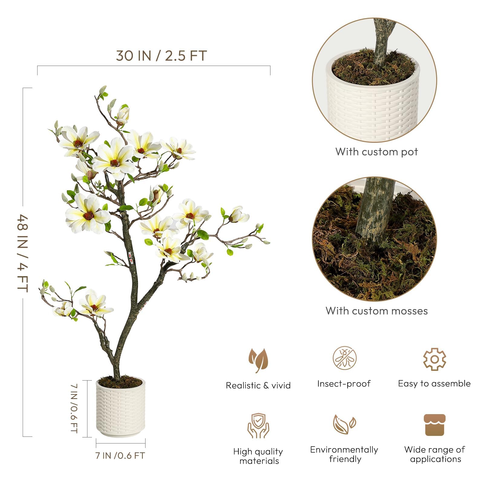 IDEALHOUSE Künstlicher Magnolienbaum im Topf 120 cm - pflegefrei für Indoor/Outdoor - realistische Blüten & grüne Blätter - inkl. weißem Topf mit Moos - Deko Terrasse/Garten/Büro - Farbe: 4FT