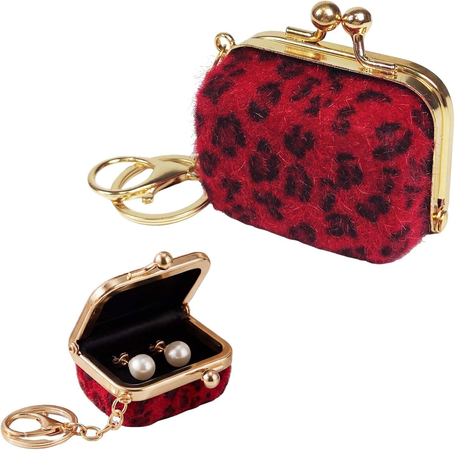 Mini Jewelry Box with Keychain, Travel Jewelry Case with Kiss Lock, Portable Jewelry Storage Organizer Case, Compact Ring Box for Women, Holds Earrings, Rings, Necklace, Leopard Red, 1 Piece