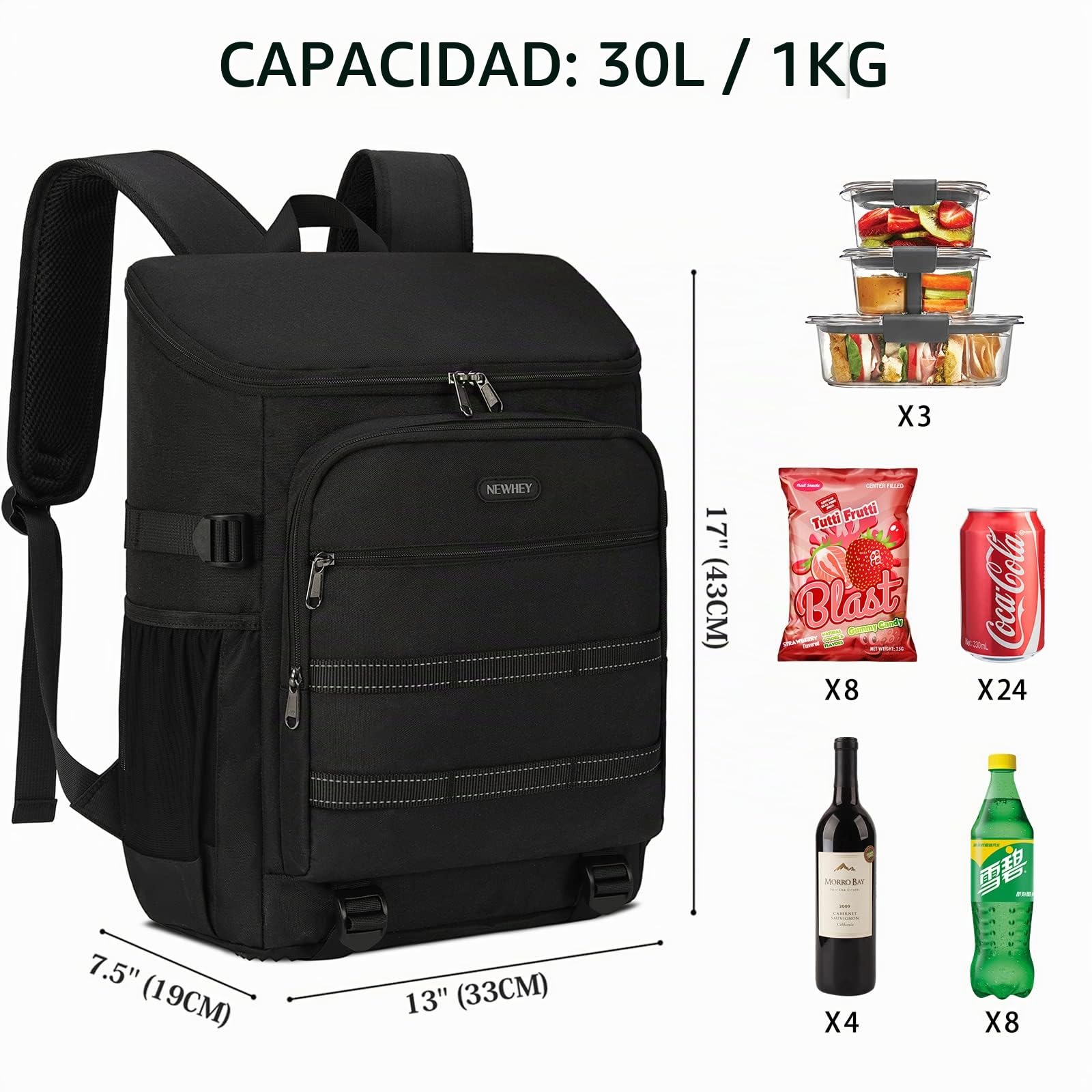 NEWHEY 30L Mochila Nevera Impermeable Mochila de Refrigeración Bolsa Térmica Aislada Grandes Alimentos Mochilas de Picnic Almuerzo Ligera Acampar Barbacoa Senderismo Negro