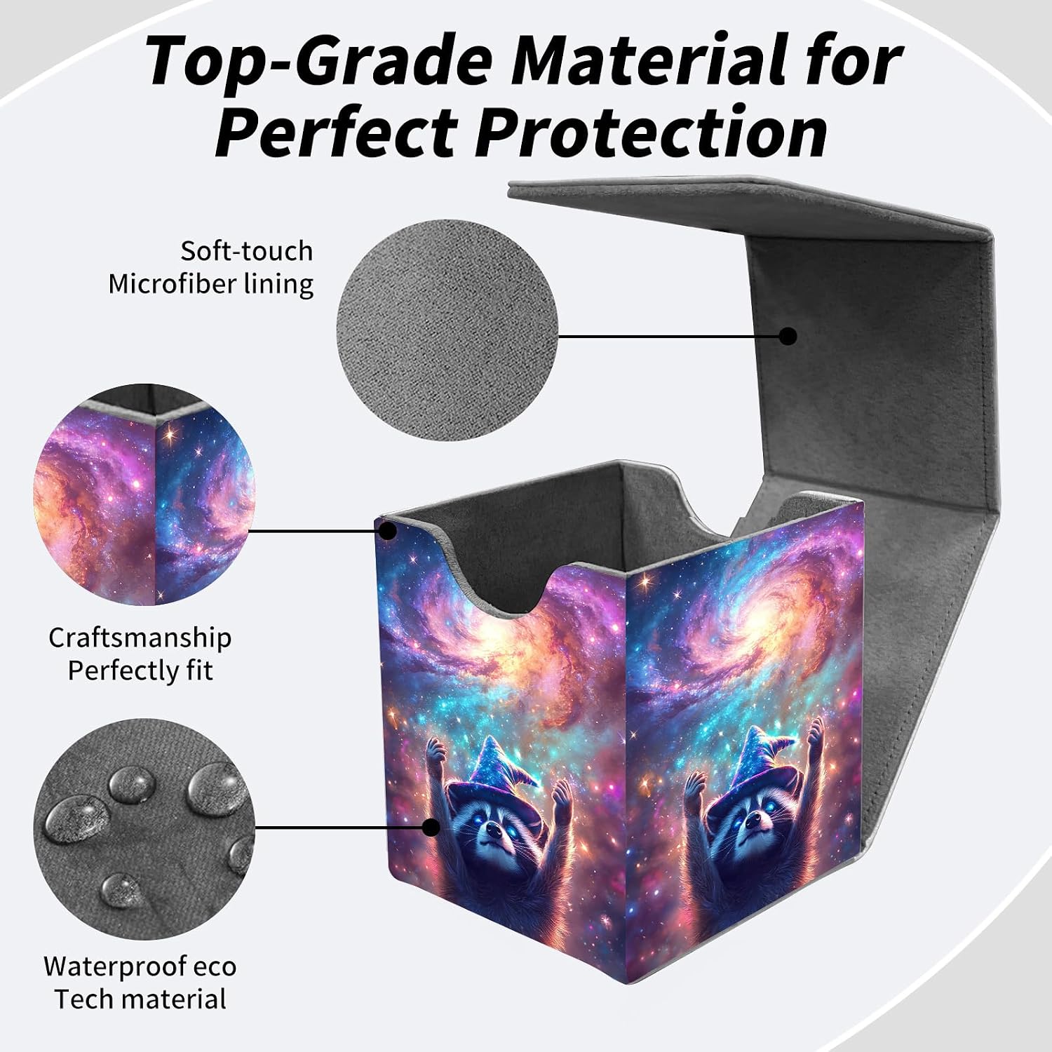 BVDIKMI Card Deck Box for Trading Cards, Card Storage Box Fits 100+ Single Sleeved Cards, PU Leather Strong Magnet Card Deck Case Holder for Magic Commander TCG CCG, Magical Raccoon