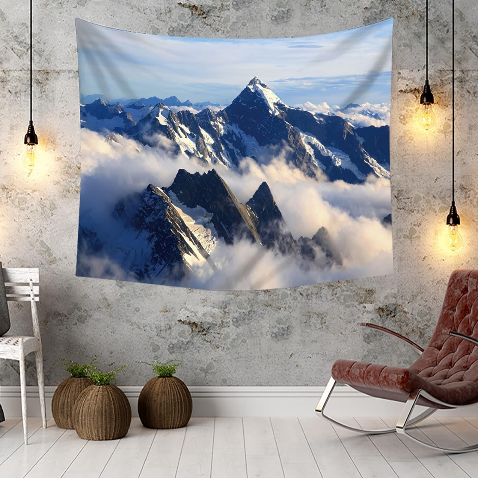 Wandbehang Groß, Wolken und Schnee Bedecken Berglandschaft Wandteppiche für Wohnzimmer Schlafzimmer, Wohnkultur, 350x256cm
