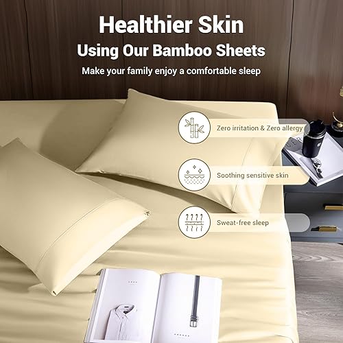 Miniatura 4 de Shilucheng - Juego de sábanas de bambú transpirable de 1800 hilos, súper sedosas, con 16 pulgadas de profundidad, 4 piezas (California King, beige)