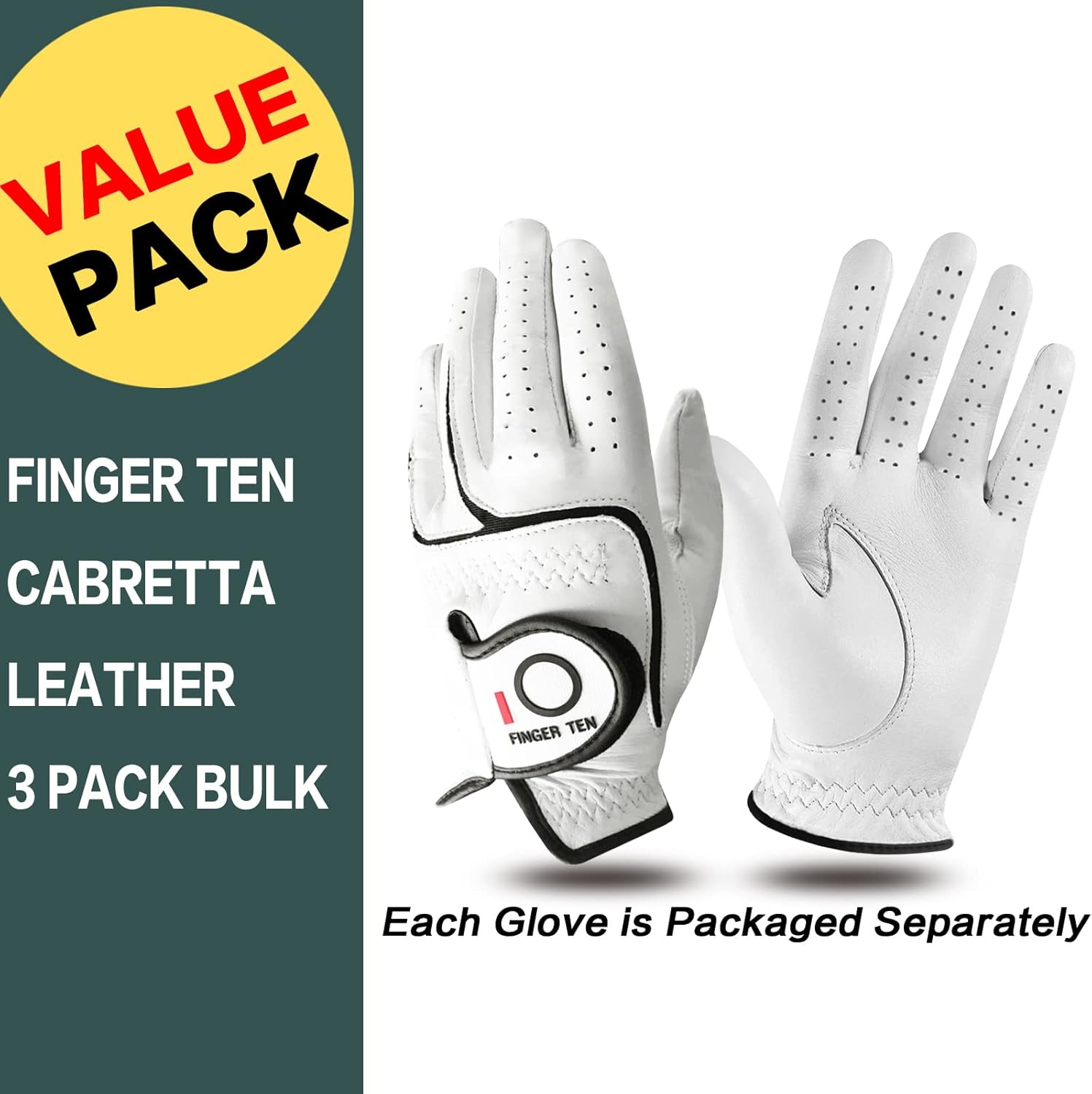 FINGER TEN Mens All Premium Soft Cabretta Leather Tour Fit Grip Left Hand Lh Right Hand Rh with Cadet Size Golf Gloves Value 3 Pack Size from Small to XXL