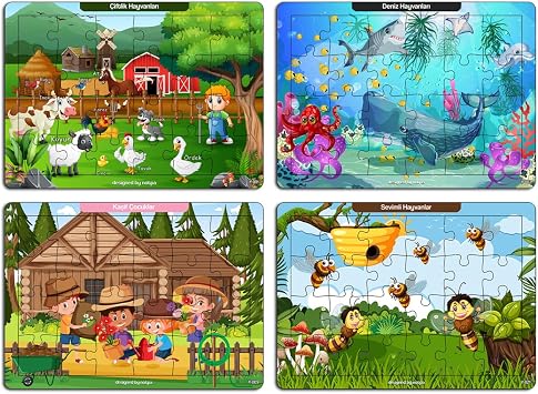 Çocuk Ahşap Puzzle 24 Parça Eğitici Set 4'lü, 3 Yaş ve Üzeri, Ahşap Malzeme, 25x18 cm