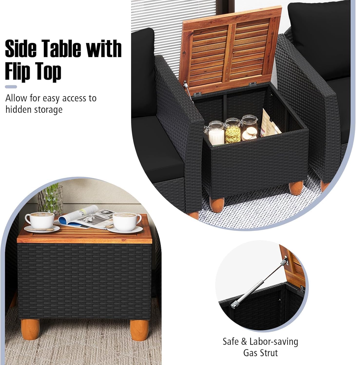 3-piece Rattan Chair Set, with Cushions and Storage, Suitable for The Garden and The Yard(Black)