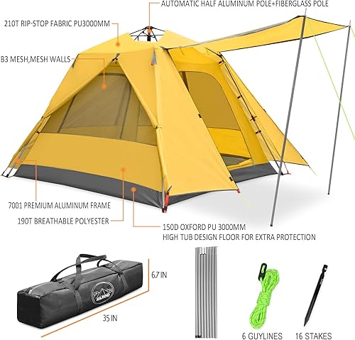 Miniatura 5 de KAZOO Camping Tents 3 Person Waterproof Instant Tents 3 People Cabin Tent Easy Setup with Sun Shade Automatic Aluminum Pole