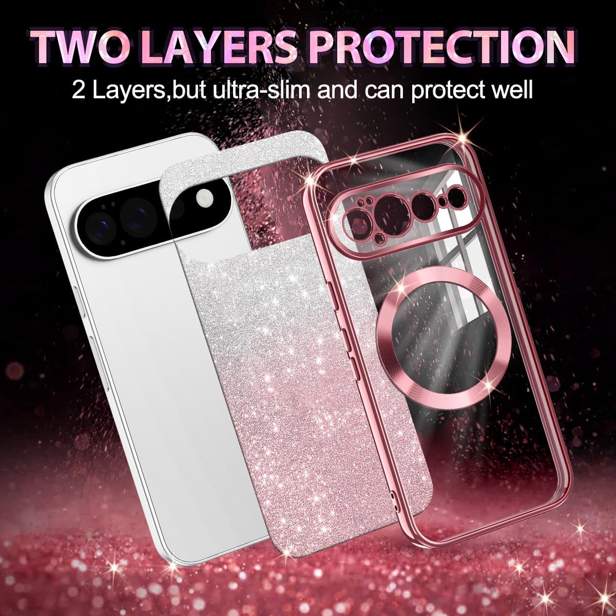 Casetego for Google Pixel 11 Pro XL Case,Compatible with MagSafe,Glitter Sparkle Magnetic Plated Slim Shockproof Soft TPU Bumper Full Protection Case for Google Pixel 11 Pro XL,Rose Gold image 5
