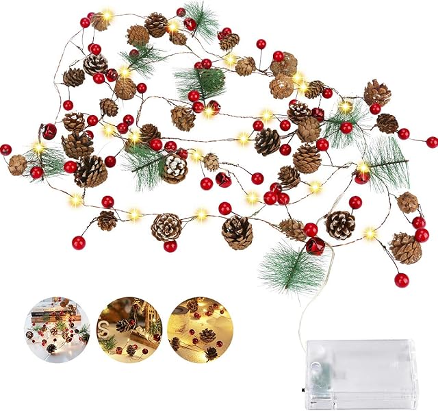 E-More Christmas String Lights with Pine Cone Red Berry Bell, Garland with Lights 3M 30 LED Warm White Battery Operated Indoor Outdoor Decor Light for Valentine's Holiday Table Party Decor