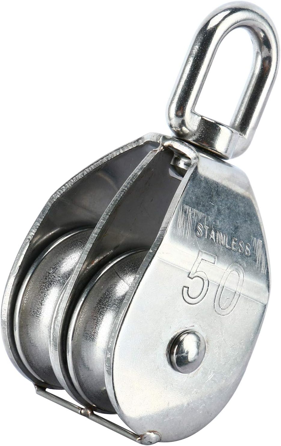 DasMarine 1 Pack M50 Lifting Double Pulley Block 304 Stainless Steel Crane Swivel Hook Double Pulley Roller Loading (M50 Double Pulley; 1 Pack)