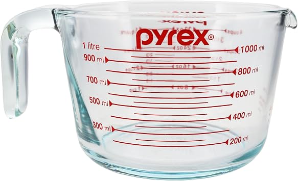 Pyrex 4-Cup Glass Measuring Cup - Made in USA | Tempered Glass Construction | 4-Cup Capacity | Red Measurement Markings | 32oz Volume | Easy-Pour Spout | Ergonomic Handle