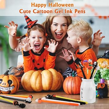 DIYASY 32 Pcs Halloween Pens, Pumpkin Skull Heads Ghost Bat Shape Pens Bulk Gel Black Ink Pens Assorted Novelty Pen for Kids Adults Gifts School Office Home Supplies Cute Prizes