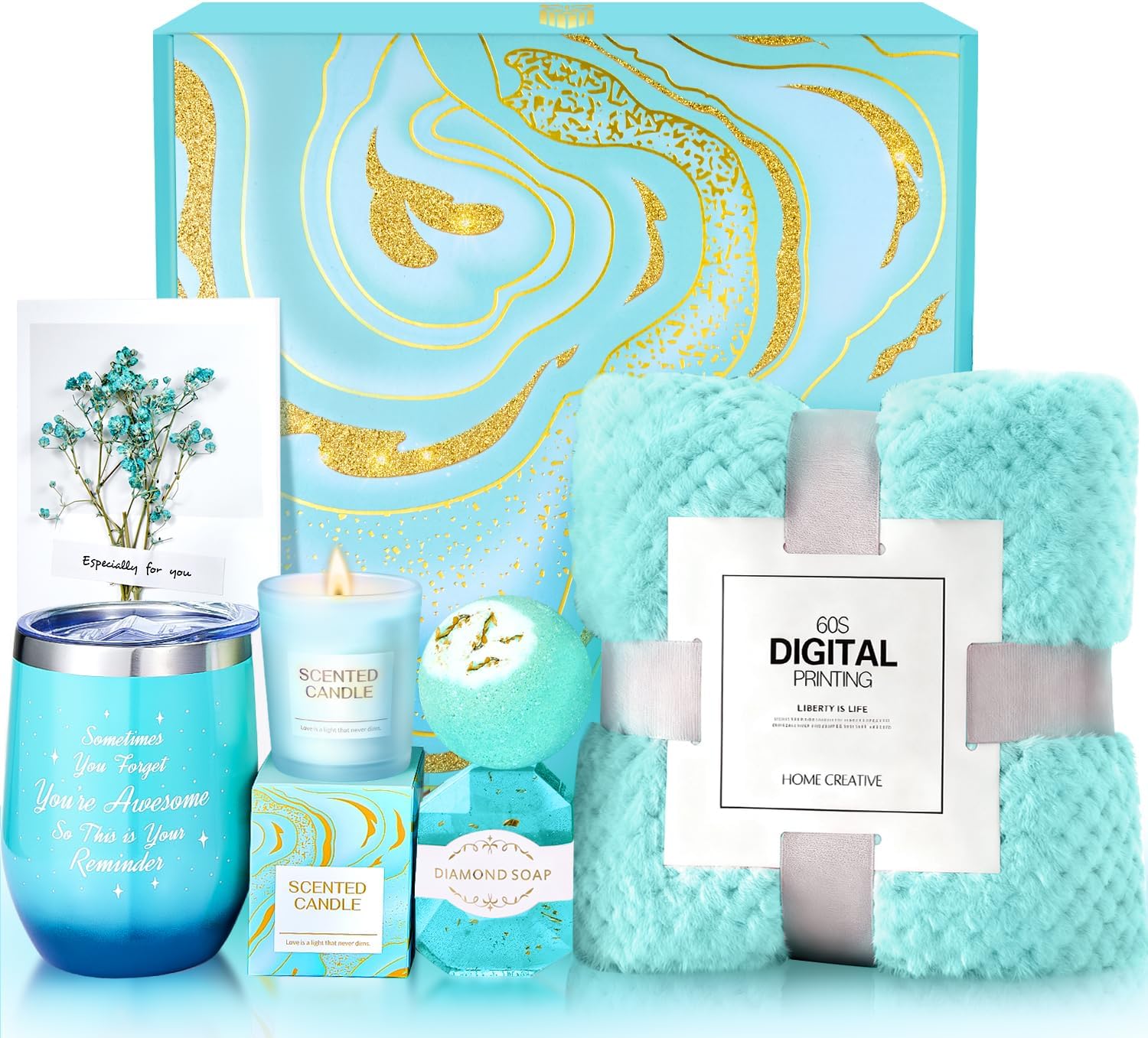 Happy Birthday Gifts for Women Care Package, Get Well Soon Gifts for Mom, Her, Girlfriend, Bestie, Sister, Wife, Teacher Gifts, Graduation Gifts for Her - Self Care Gift Basket with Luxurious Flannel Blanket (Jasmine)